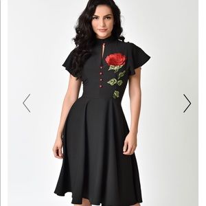 Unique Vintage 1950s Black & Red Rose Swing Dress
